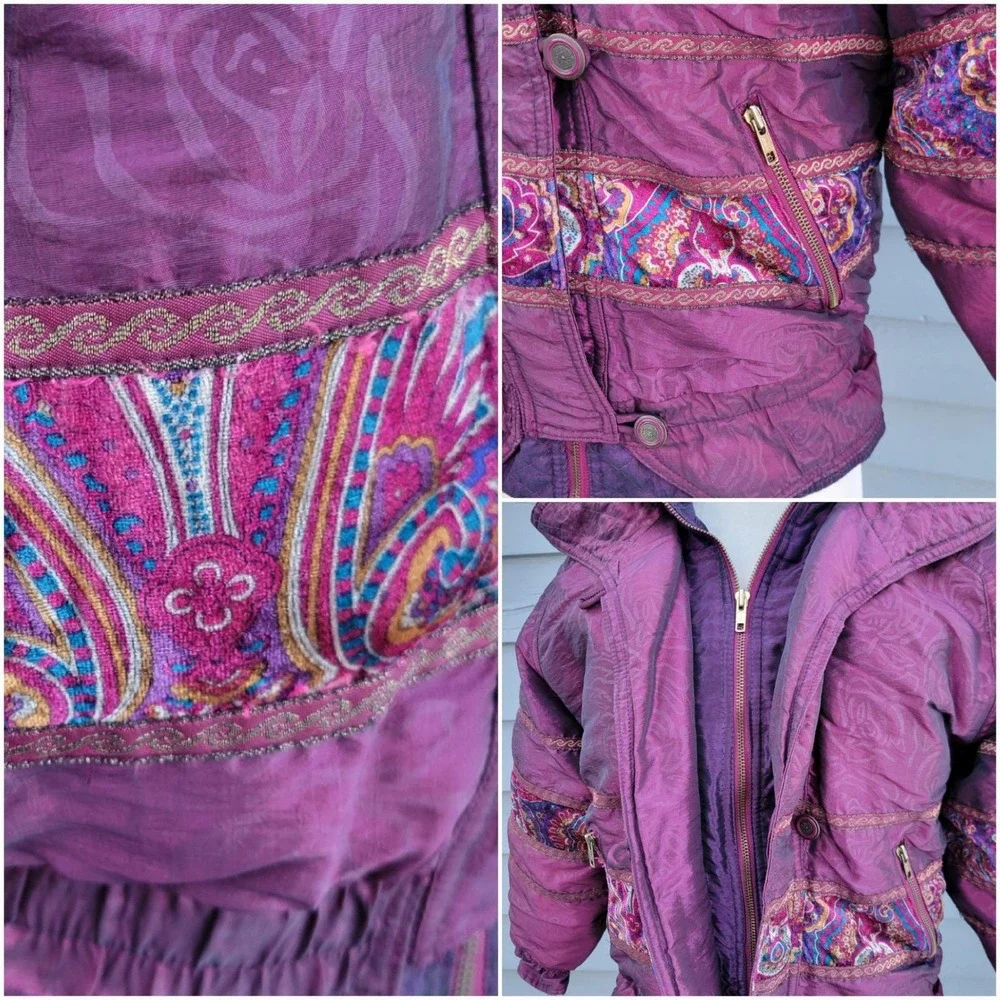 Vintage 80s Giacca Young Gallery Puffer Ski Jacket Purple Paisley‎ Brocade 14